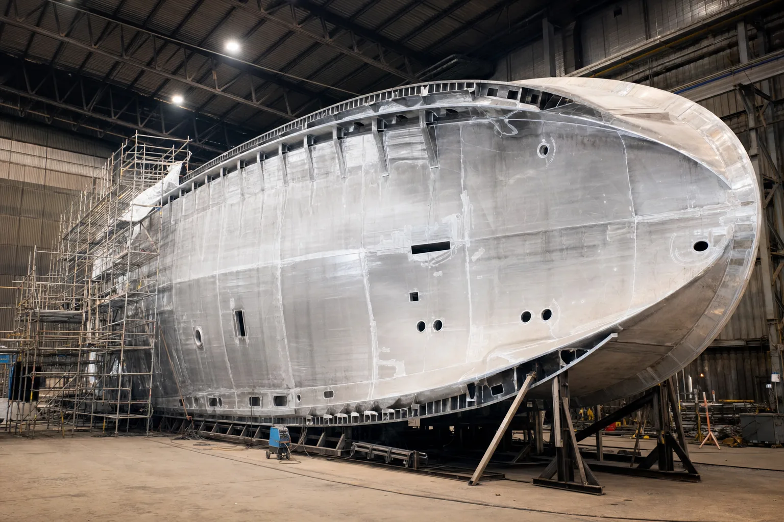A bare aluminium yacht hull under construction in a covered shipyard hall